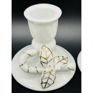 Vintage Porcelain Christmas Pair Candle Holder Holly Berries Candy Cane